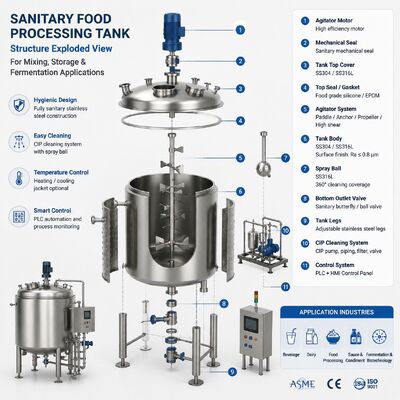 Cuve de mélange sanitaire SS316L avec agitateur pour le traitement des aliments et boissons / Cuve de fermentation sanitaire SS316L pour la production d'aliments et de boissons